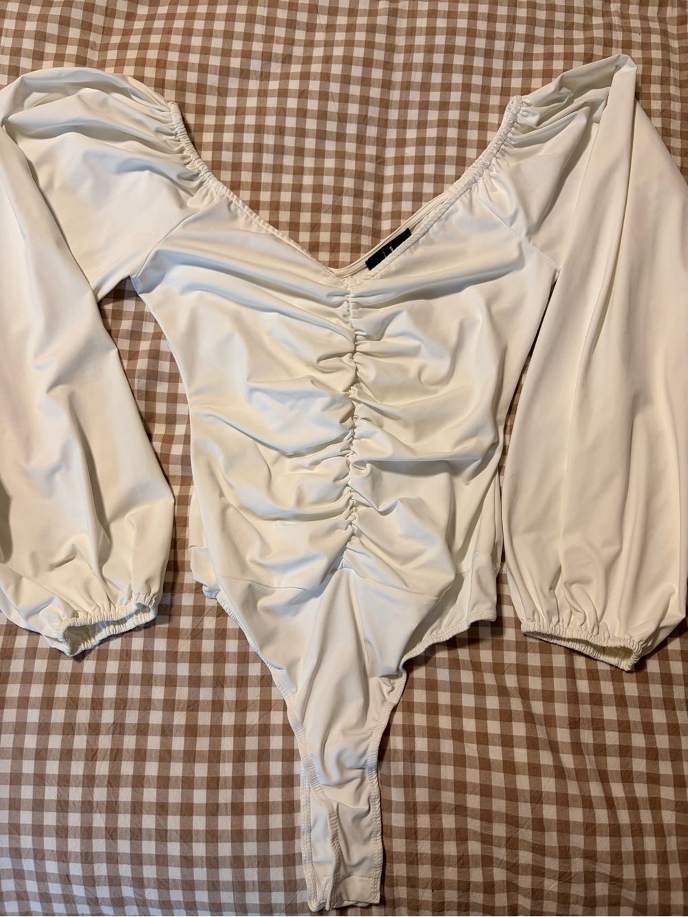 Lulu's White Ruched Long Sleeve Bodysuit